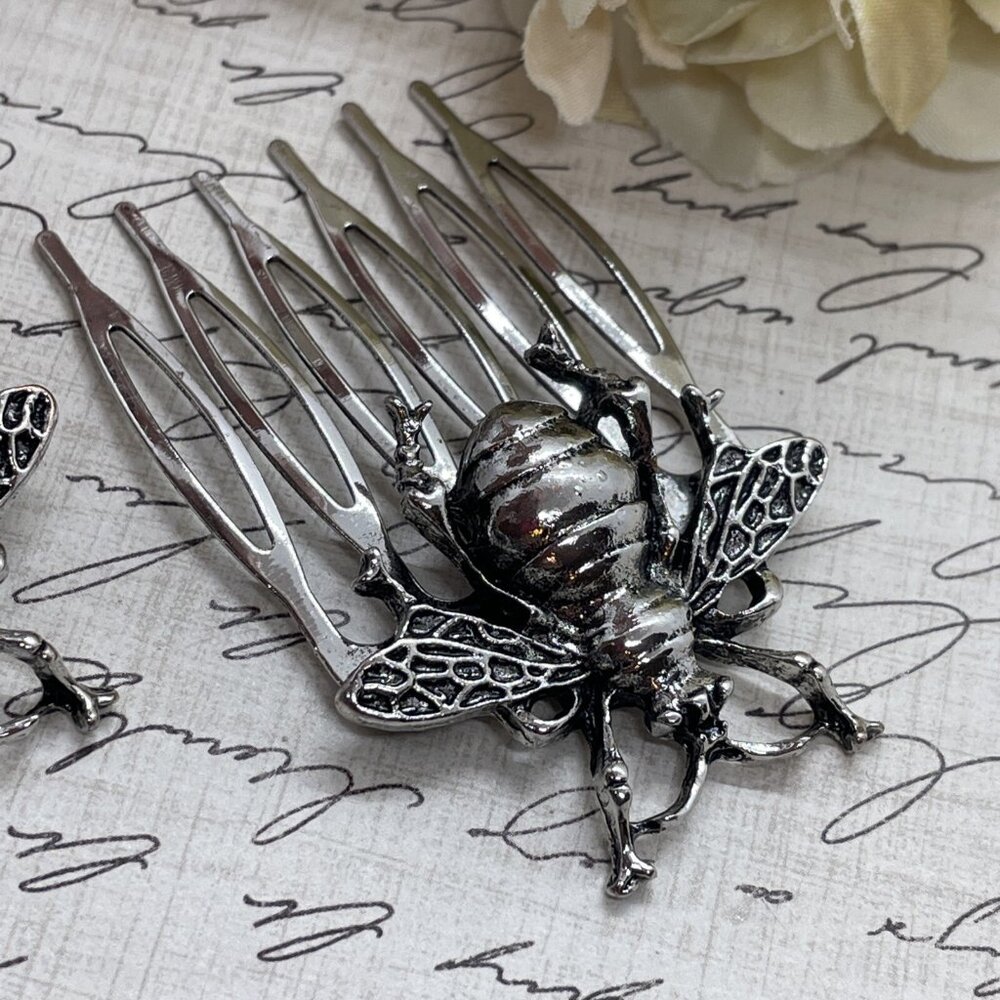 1 Pair Silver Long Bee Bridal Hairpin Bobby pin wedding hair festival Honey Comb - Picture 4 of 11